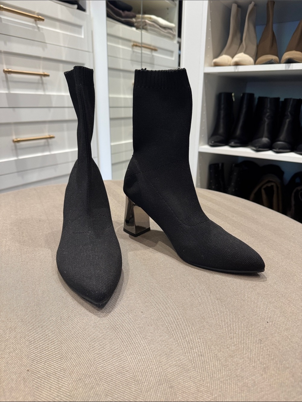 SHEIN Black Stretch Sock Ankle Boots with Sculpted Gloss Heel